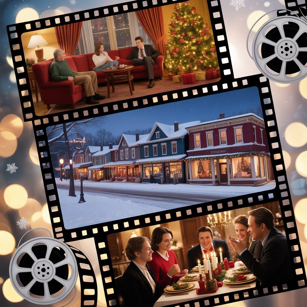 Christmas movie collage with holiday themes