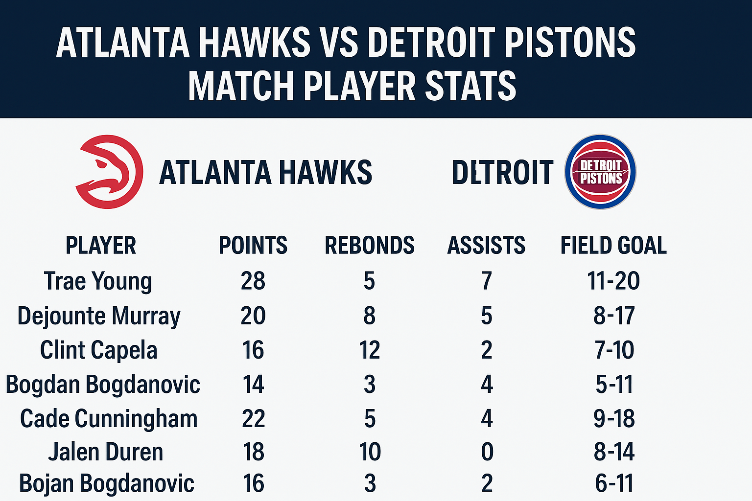 Atlanta Hawks vs Detroit Pistons Match Player Stats