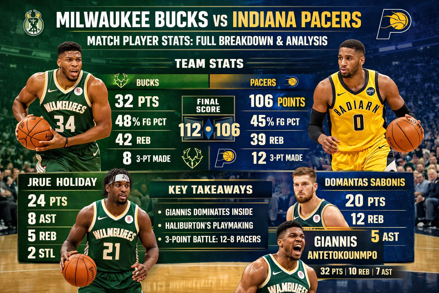 Milwaukee Bucks vs Pacers Match Player Stats