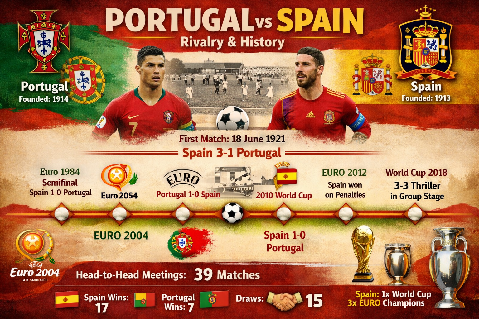 Portugal National Football Team vs Spain National Football Team Timeline